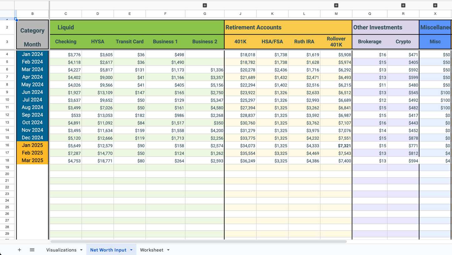 Net Worth Tracker (Google Sheets Only)
