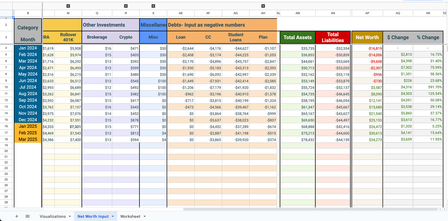 Net Worth Tracker (Google Sheets Only)