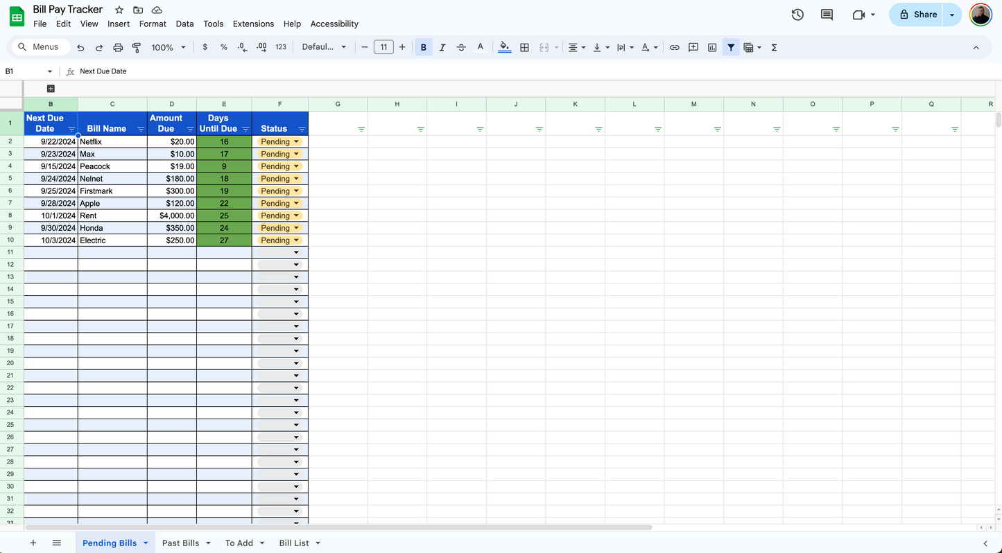Automated Rolling Bill Pay Tracker (Google Sheets Only)
