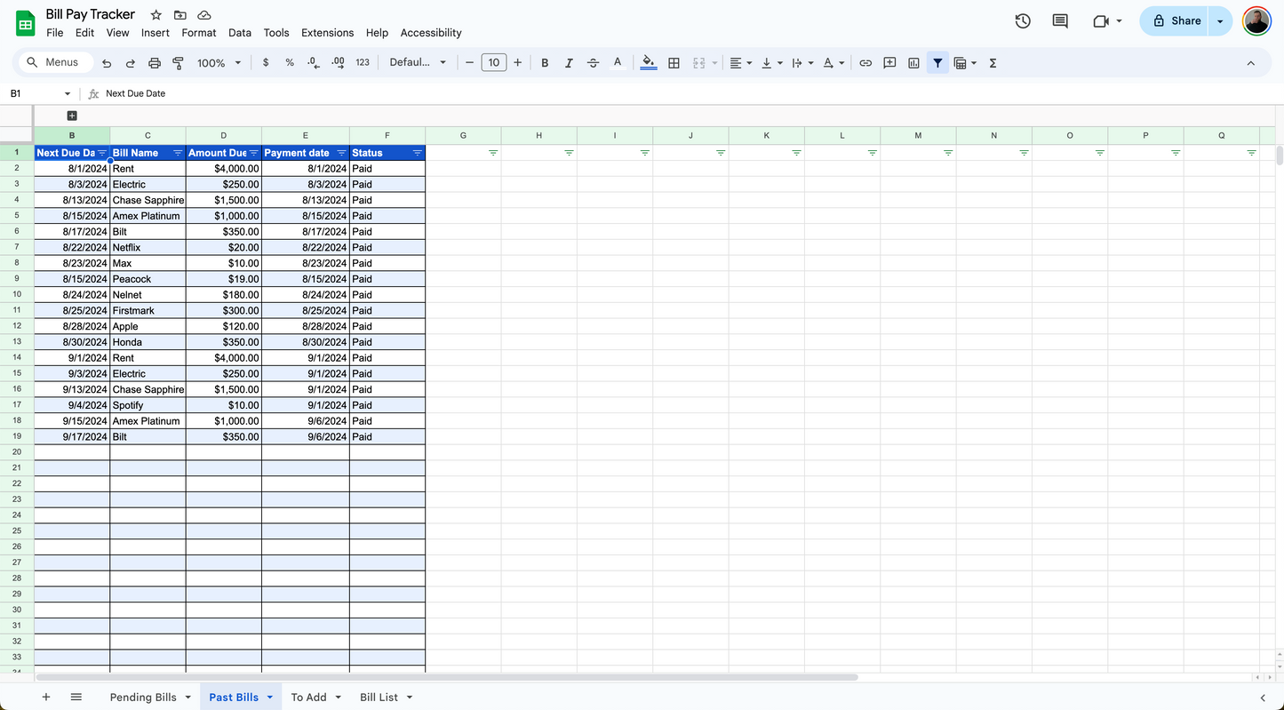 Automated Rolling Bill Pay Tracker (Google Sheets Only)