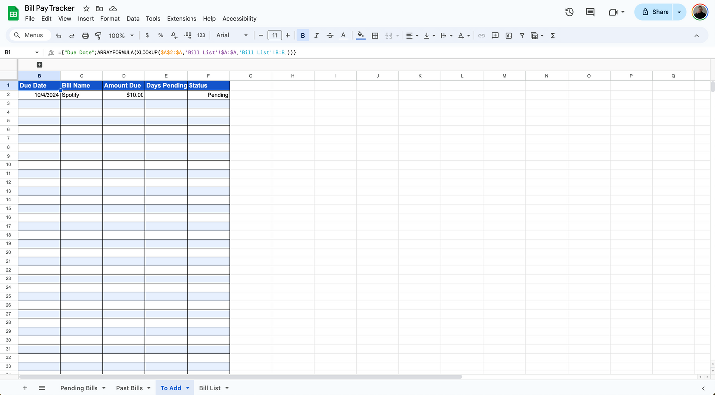Automated Rolling Bill Pay Tracker (Google Sheets Only)