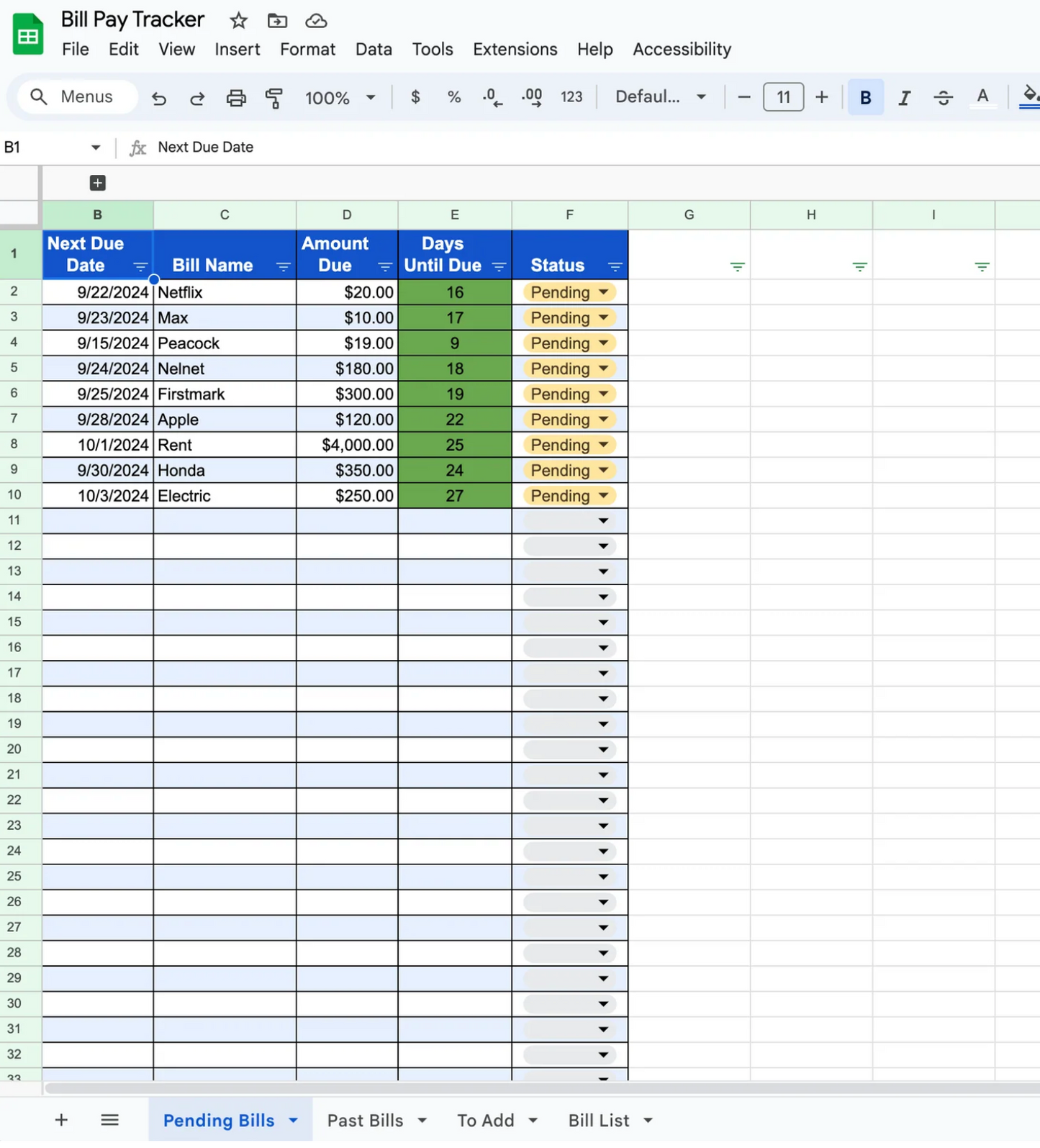 Automated Rolling Bill Pay Tracker (Google Sheets Only)
