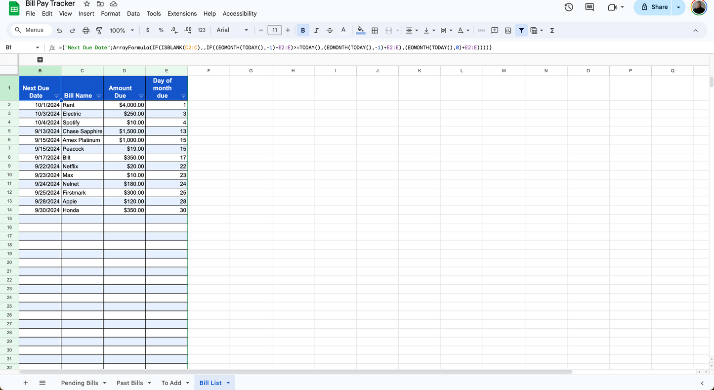 Automated Rolling Bill Pay Tracker (Google Sheets Only)