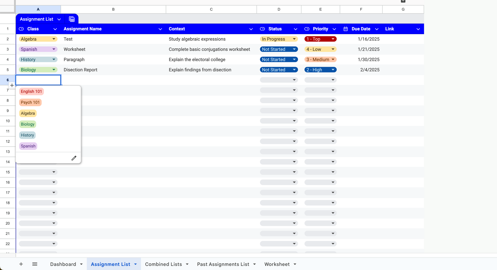 Automated Assignment Tracker (Google Sheets Only) – Sheets By Olan